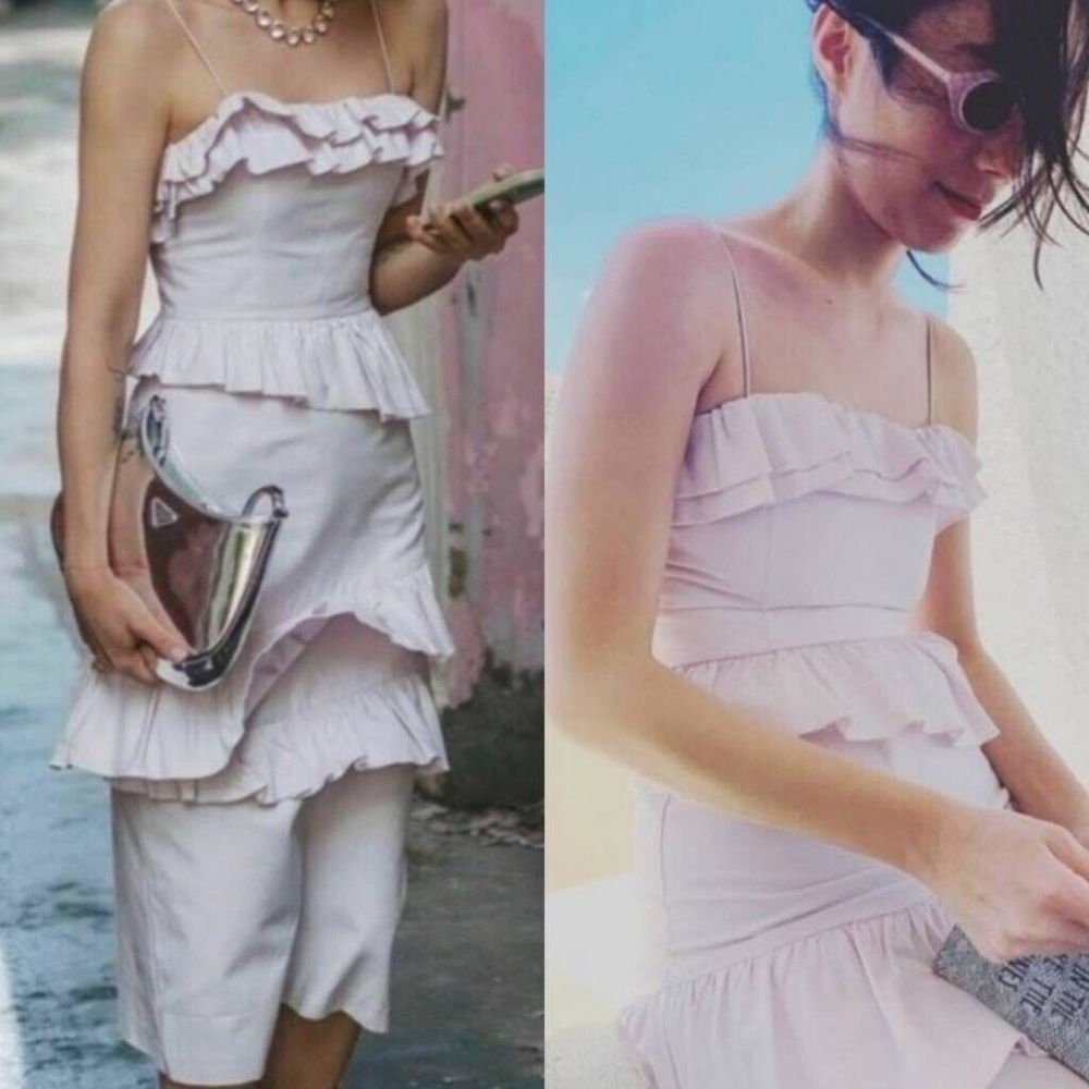 Brock Collection x H&M Flounced Dress Cotton Light Pink Fitted Tiers Size M Midi